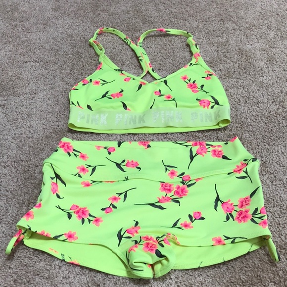 Pink sport XS floral two piece sports bra and shorts athletic set.